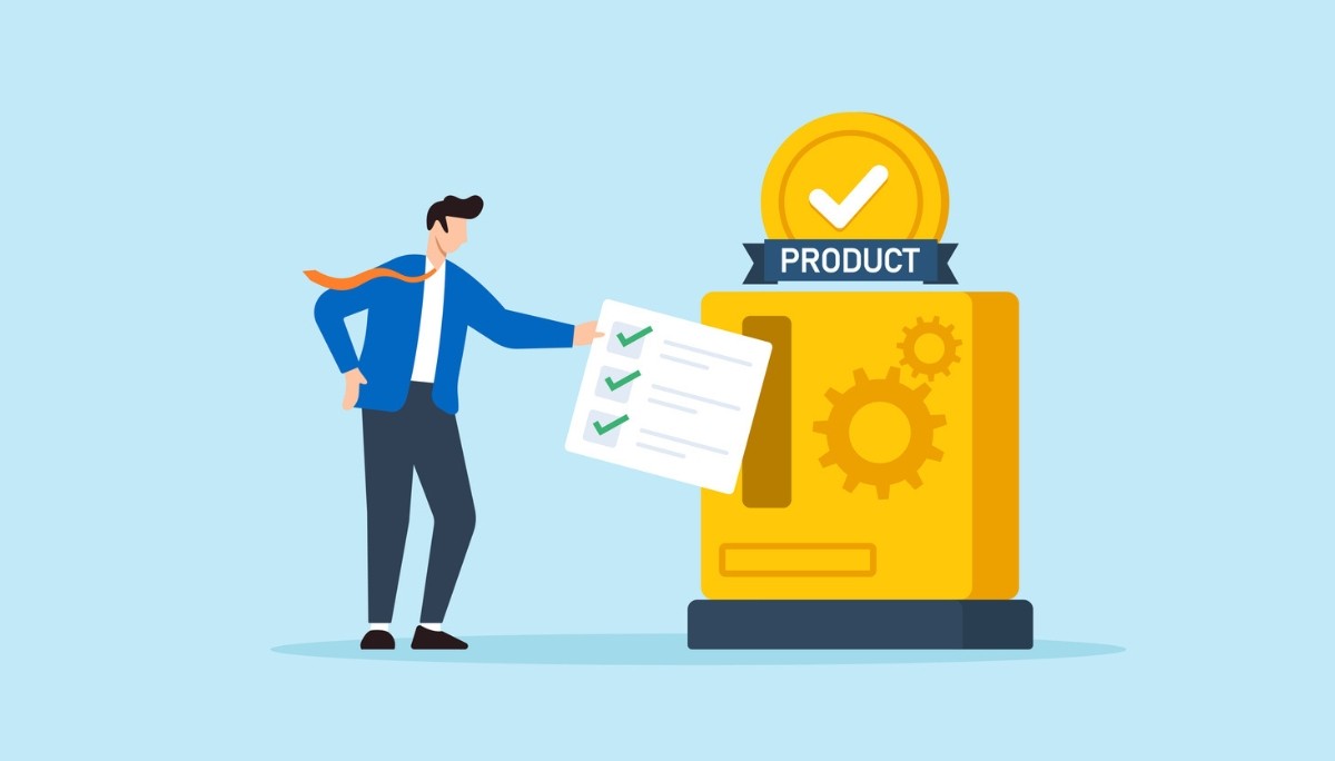 Illustration of a professional inspecting a checklist beside a labeled product machine with gear icons, representing engineering product testing, validation methods, reporting standards, and best practices for quality assurance.
