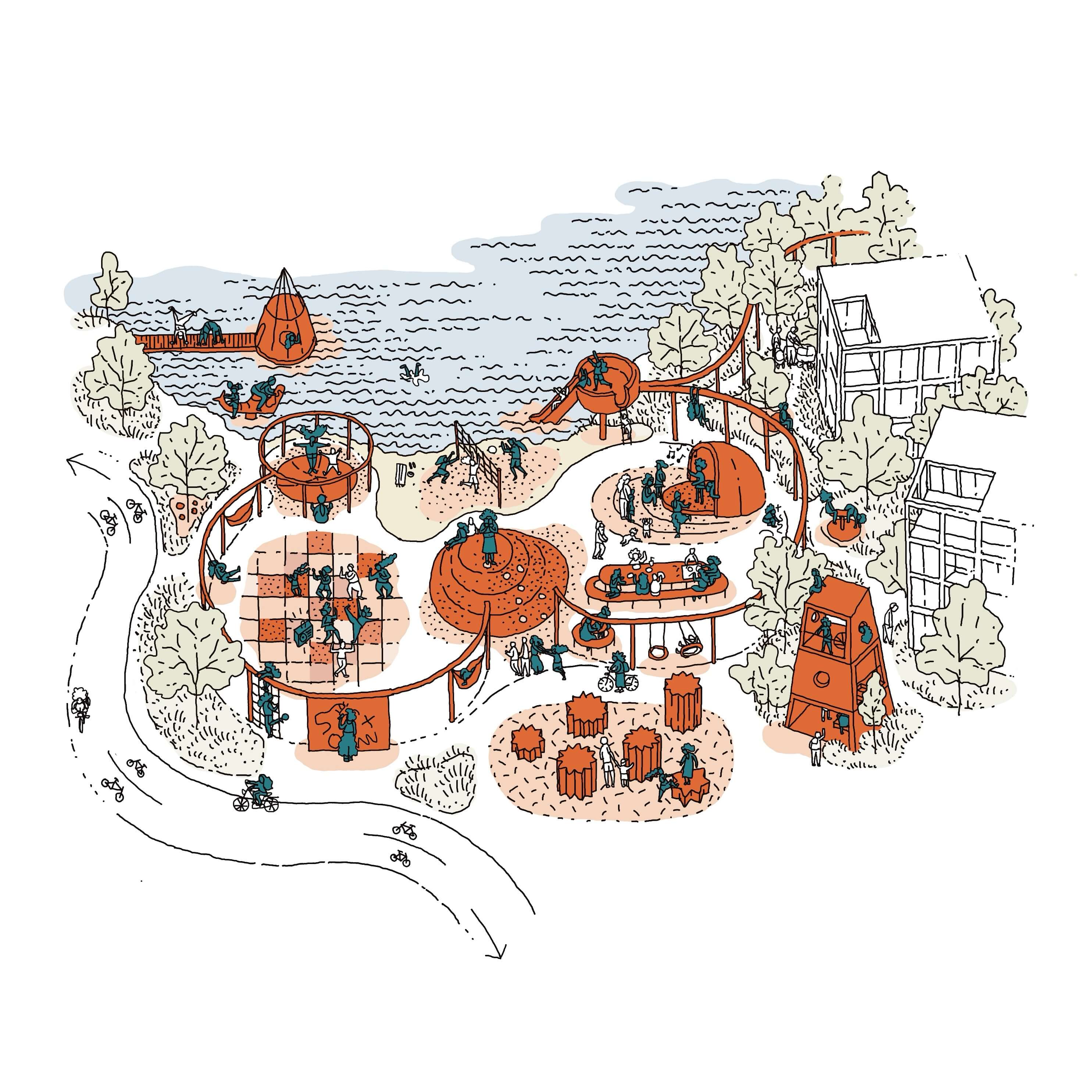 Illustration of a terrain map featuring various terrains, structures, and annotations in earthy tones.