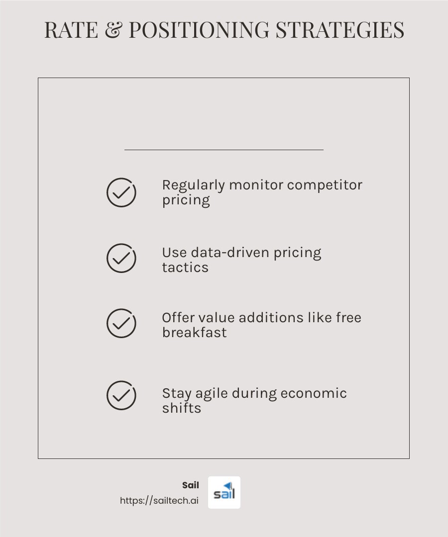 Market analysis shows that understanding competitor rates and adjusting pricing tactics can help hotels maintain occupancy during economic uncertainty. - boost hotel bookings infographic checklist-light-beige