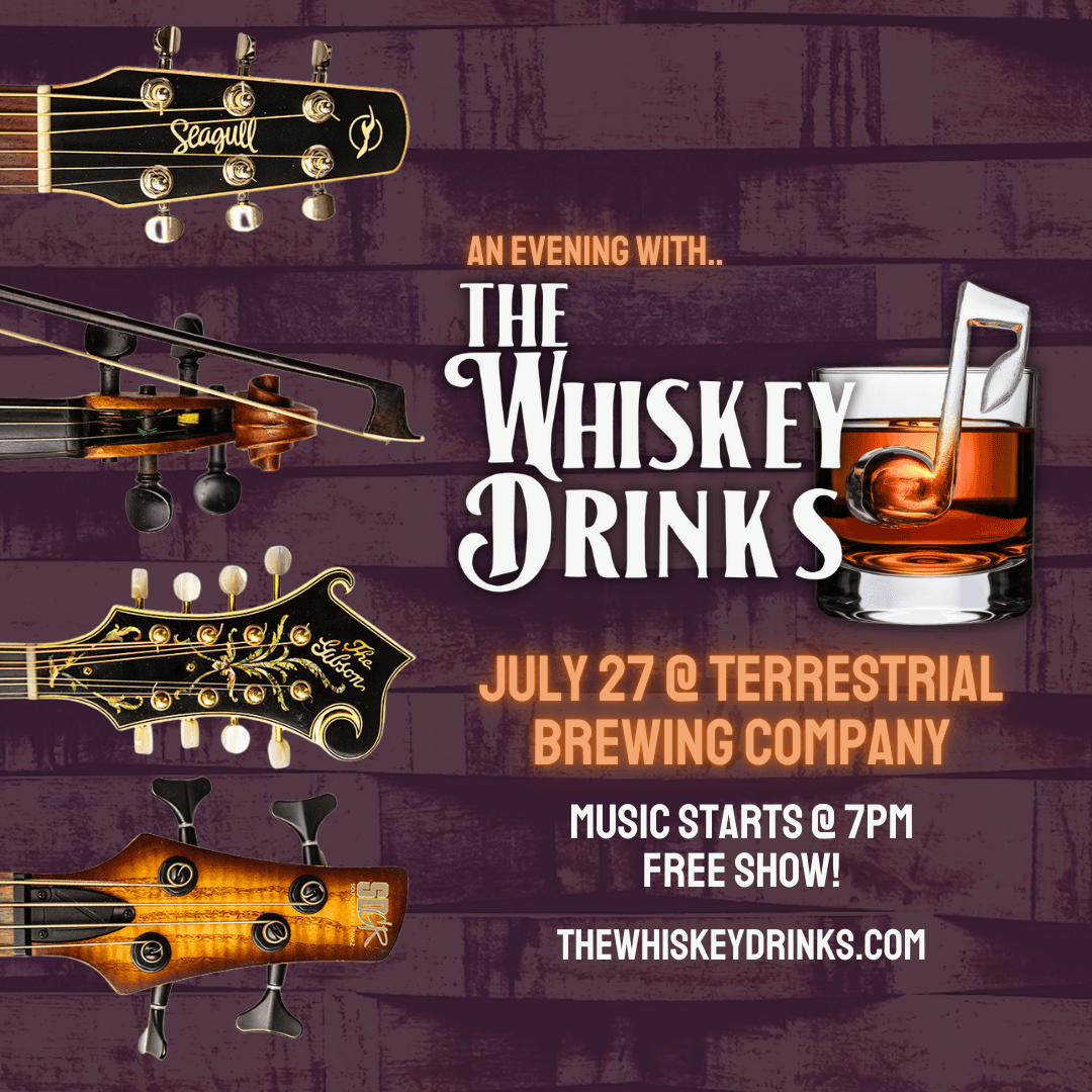 Concert poster featuring instrument headstocks and the band’s logo with event info for a July performance.
