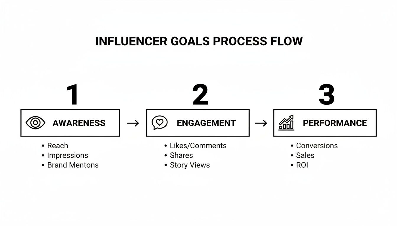 Flowchart showing influencer marketing goals: Awareness, Engagement, and Performance, with key metrics for each stage.