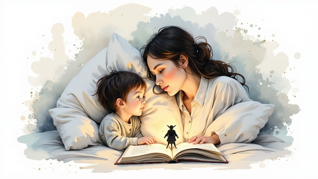 A mother and child share a magical bedtime story with a glowing figure in a book.