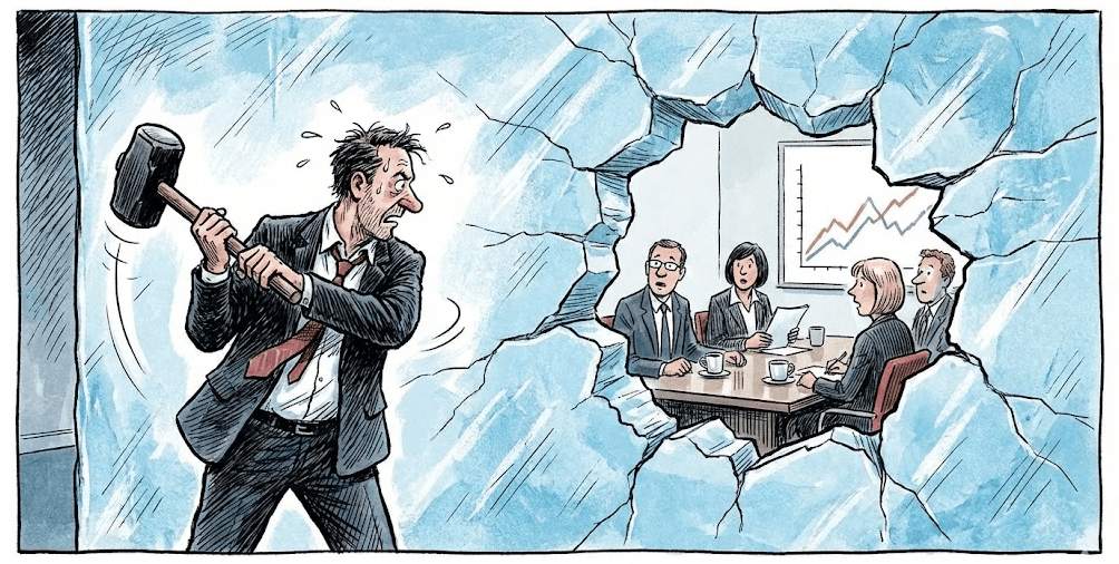 A frantic, disheveled man in a suit swings a large sledgehammer through a thick wall of ice. Through the hole, a group of startled businesspeople are seen sitting around a conference table during a meeting.