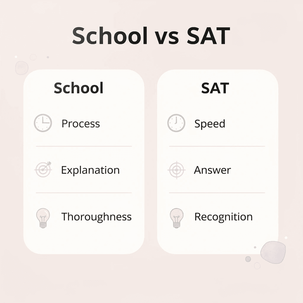 Comparison chart showing differences between school and SAT approaches