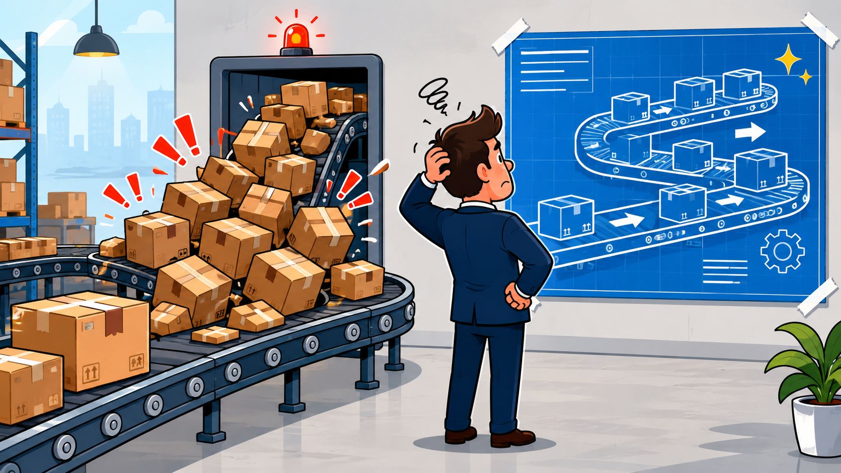 A confused businessman looking at a chaotic conveyor belt piling up with packages versus his organized blueprint.