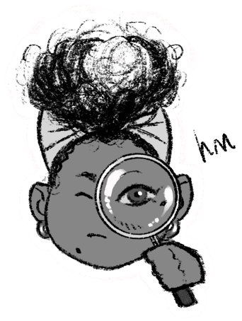 An image showing a black and white characterized illustration of Lia looking through a magnifyng glass.