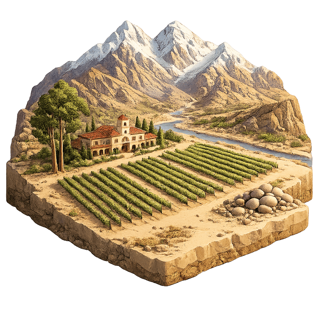 Artistic illustration of the Maipo Valley wine region.