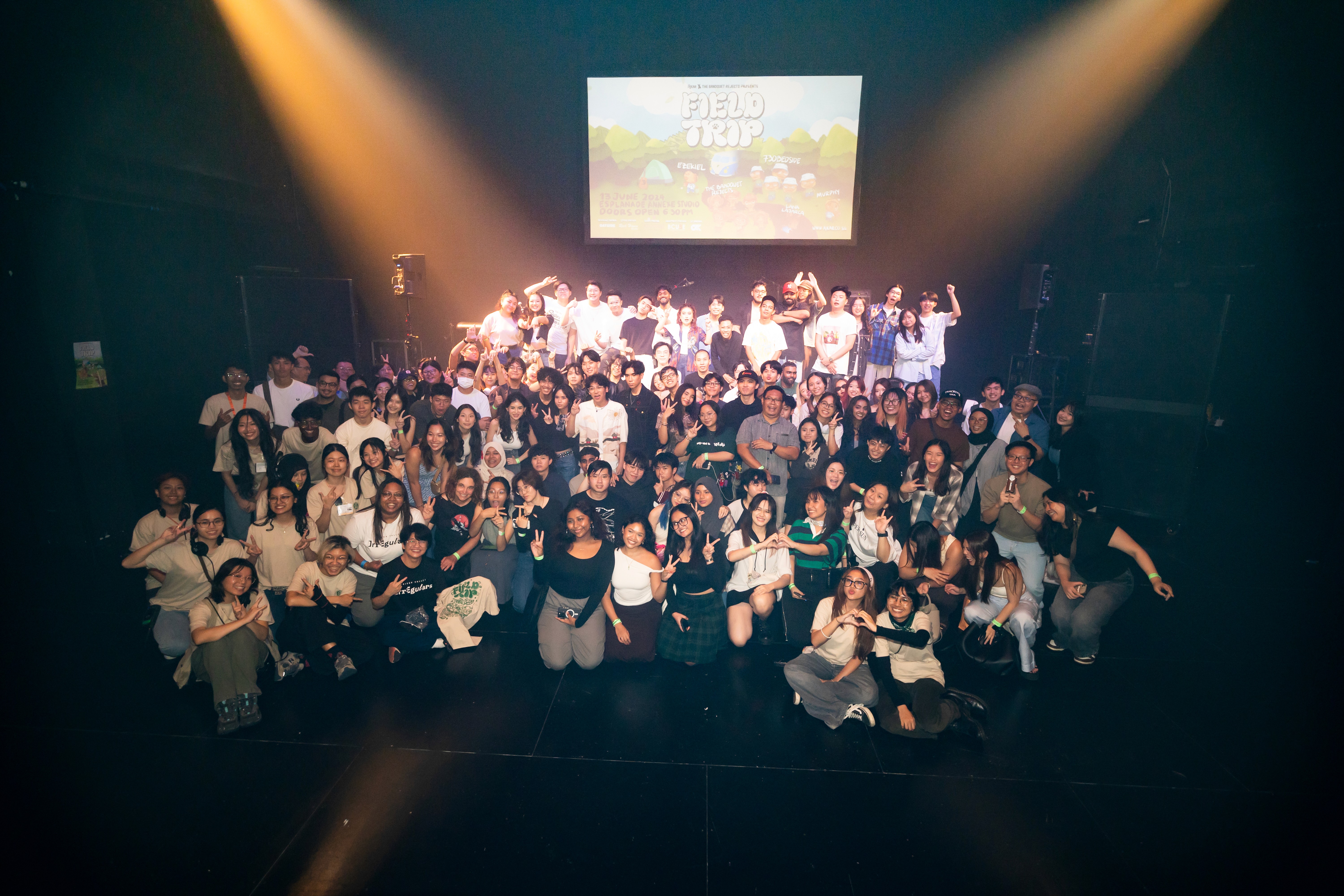 Group photo with artists, crew, and audience captured by AKAR crew during Field Trip!