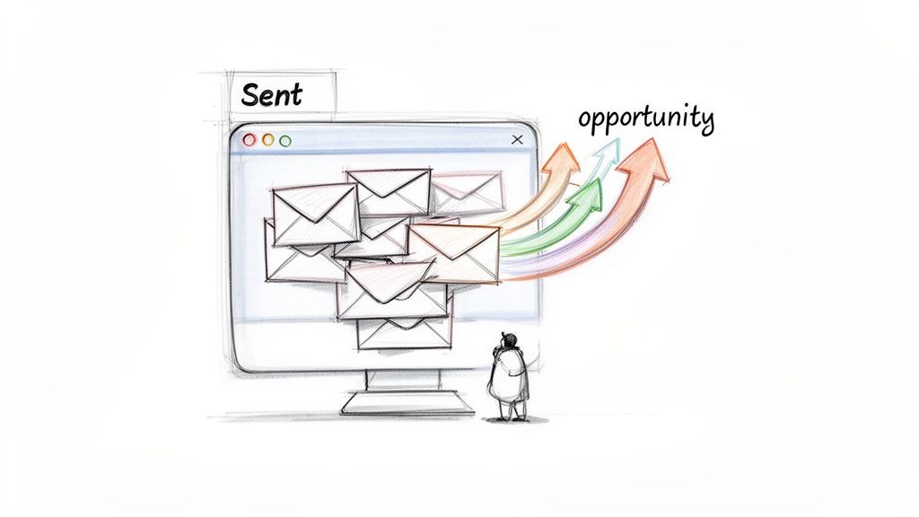 Illustration of emails sent from a computer leading to new opportunities, observed by a small person.