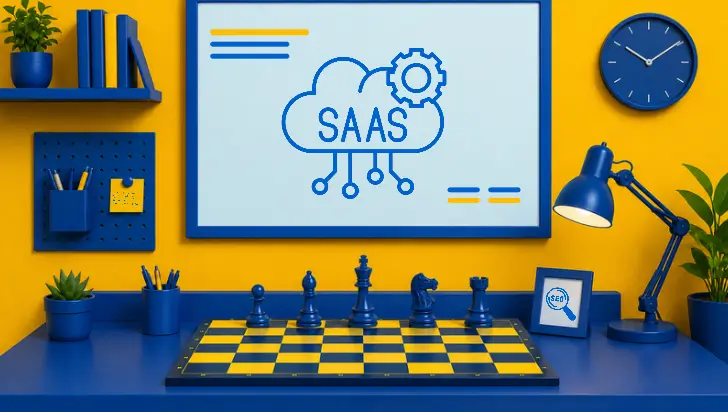 SaaS SEO strategy concept with cloud logo, chessboard, and office decor in blue and yellow.