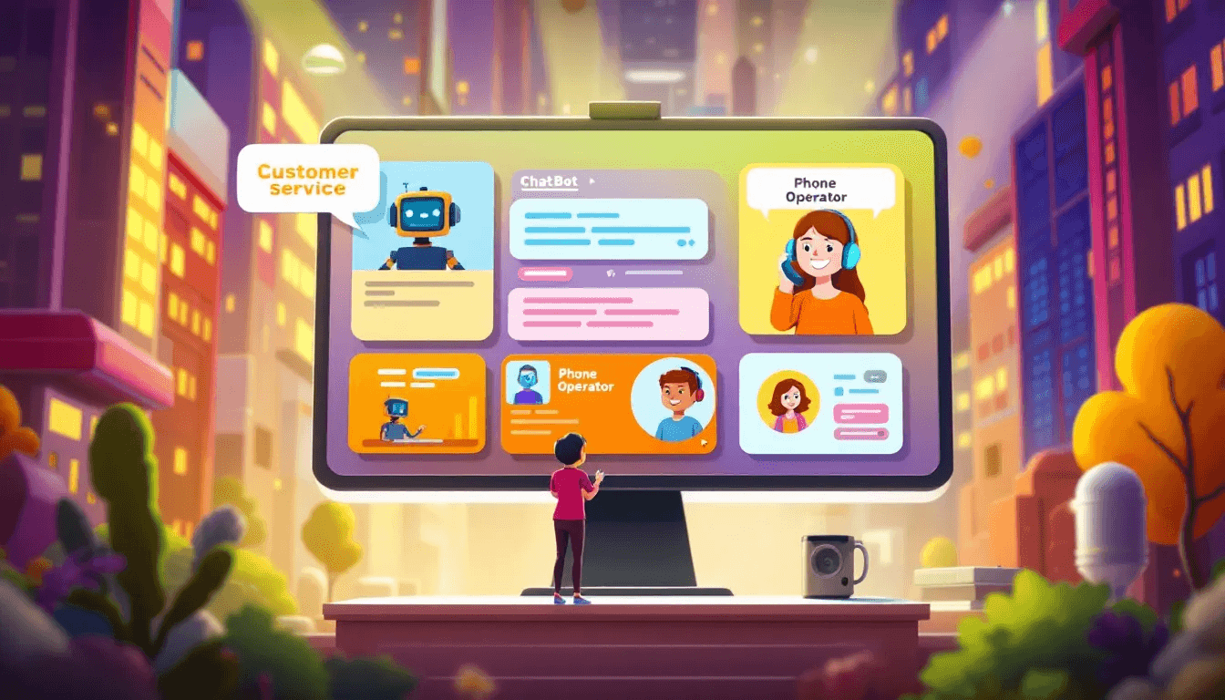 Different types of customer service videos displayed on a screen.