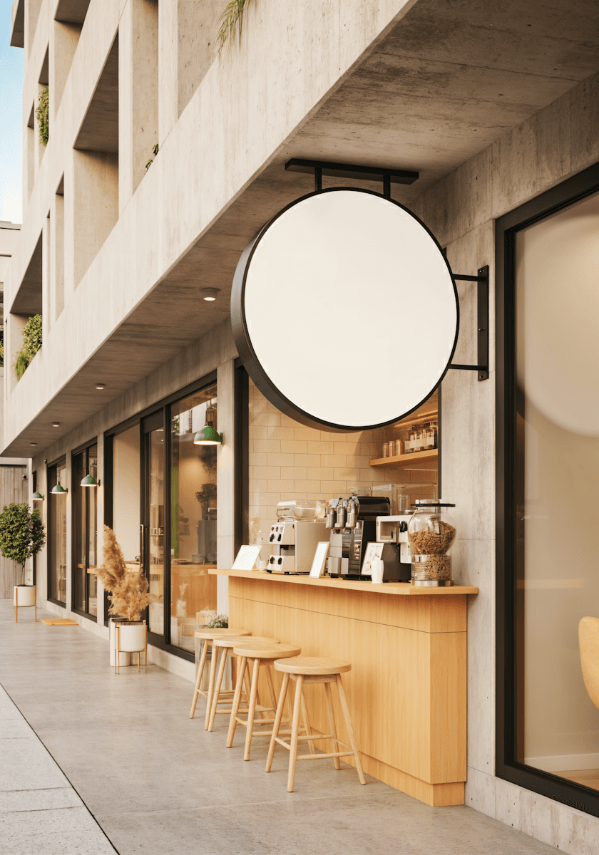 A modern outdoor coffee bar with wooden stools and espresso machines under a large blank round sign on a concrete building.