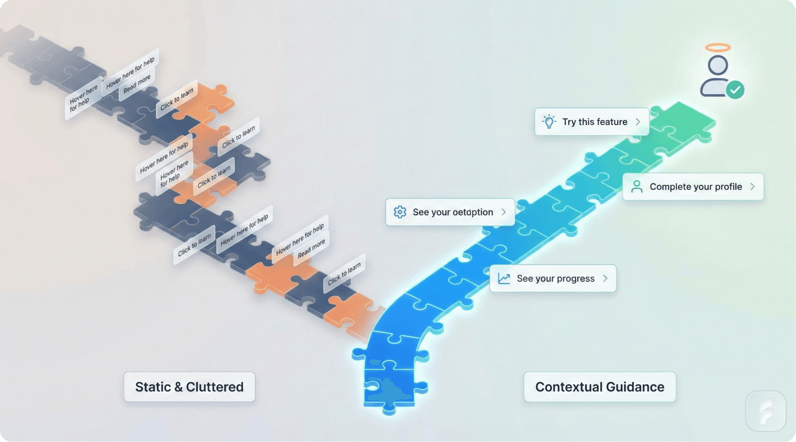 An illustration depicting a person navigating a maze of confusing paths marked with 'Click Here' and 'Read More', contrasting it with clear contextual onboarding.