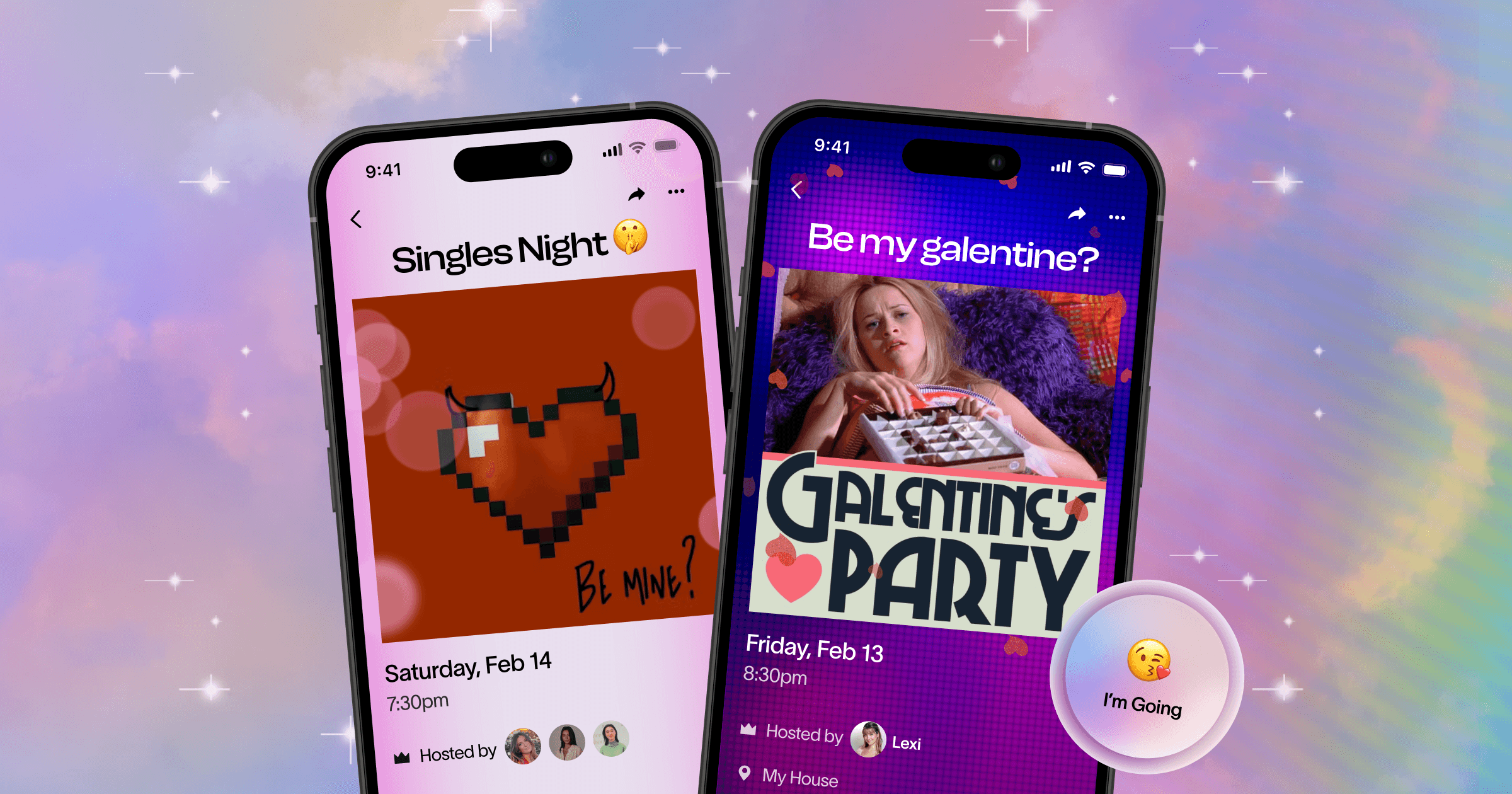 Mobile screen showing a vibrant 'Girls Night' party invite with neon text and playful Valentine's vibes for a karaoke pregame event and another with a Galentine’s party invite with a retro design and image of a girl holding chocolates, perfect for game night fun.