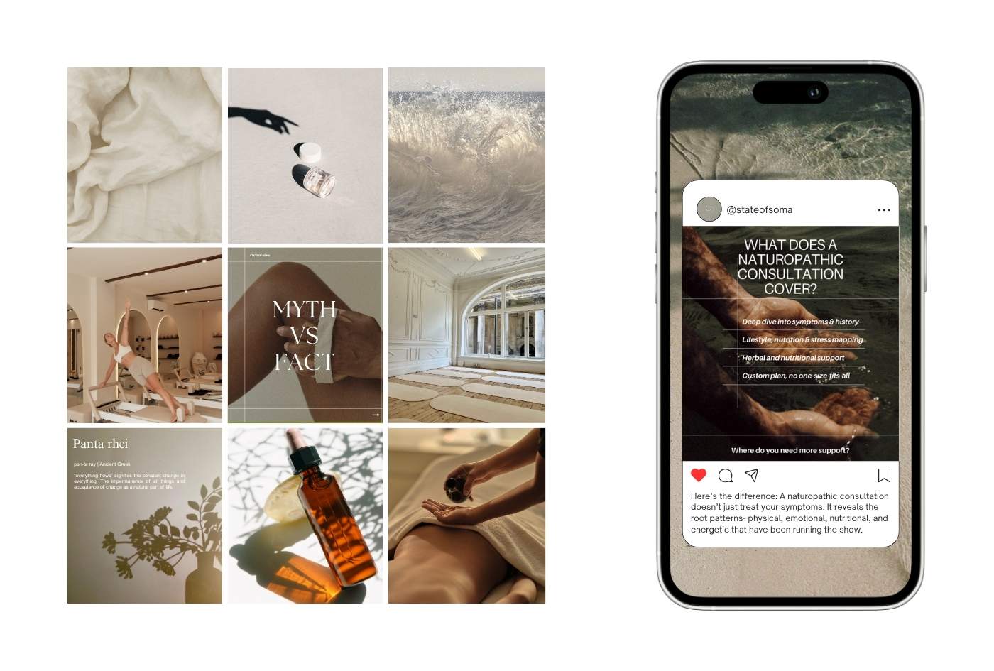 Wellness studio social media grid featuring restorative movement imagery, and calming neutral textures, shown alongside an Instagram profile mockup for a holistic Pilates and health studio.