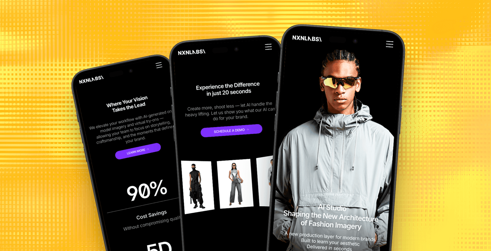 Mobile web design mockups showcasing AI-powered fashion product interfaces and digital brand experience