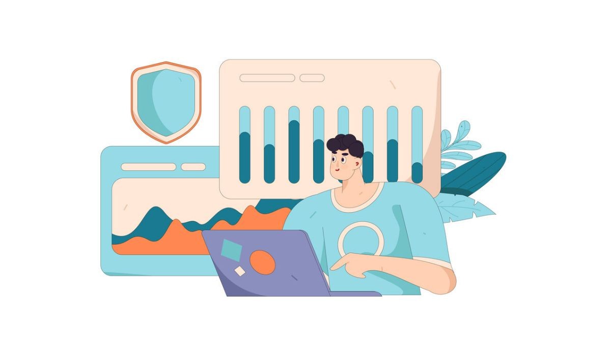 Illustration of a person working on a laptop with charts and a shield icon behind them, representing engineering risk analysis and protection strategies.