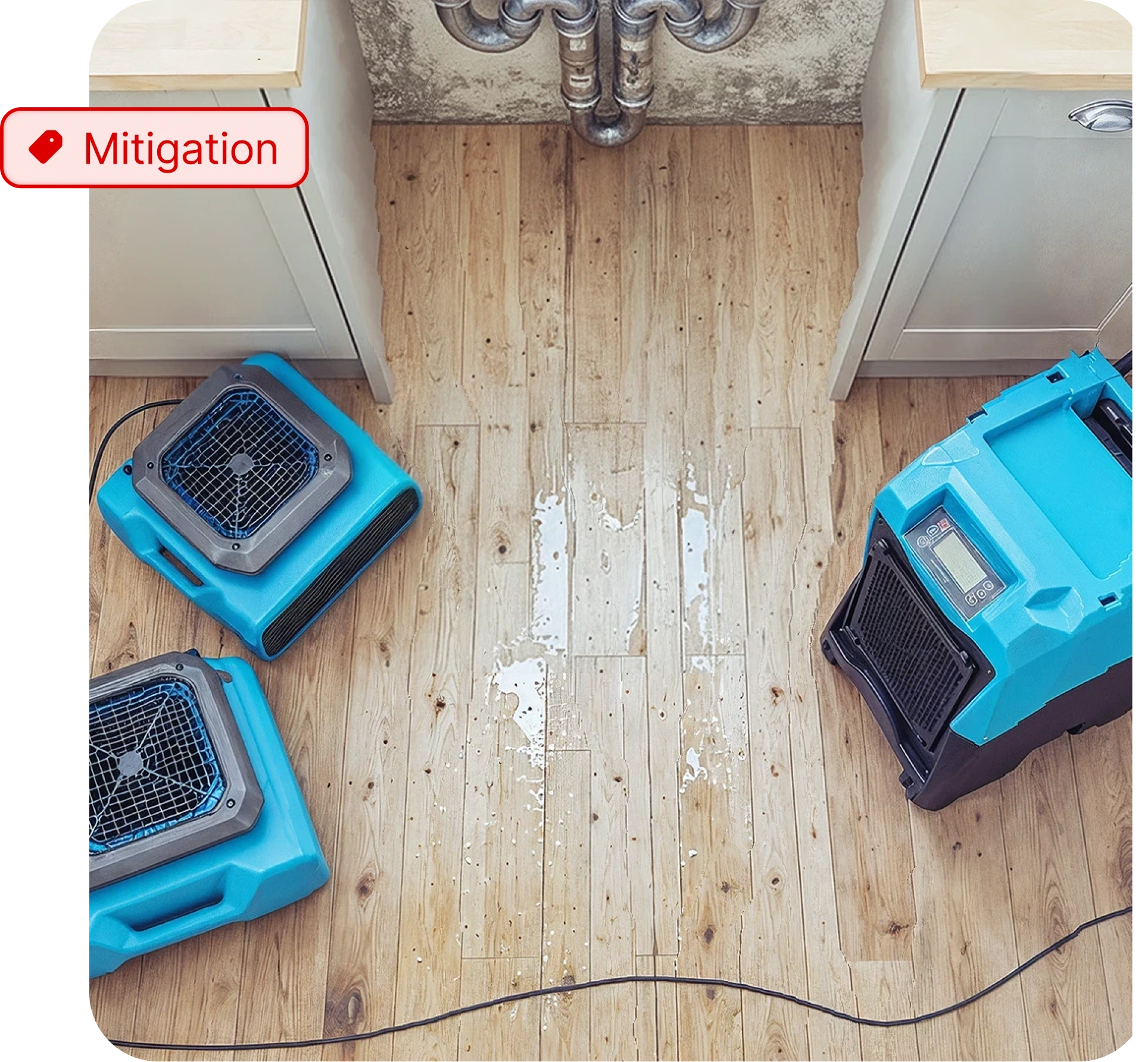 Water damage drying equipment blue air movers with mitigation tag