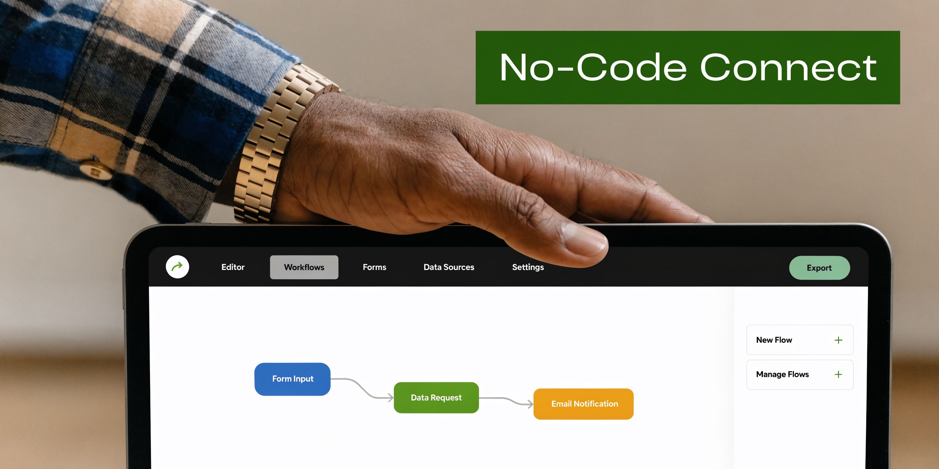 A person's hand holding a tablet displaying a no-code workflow automation software interface for business processes.