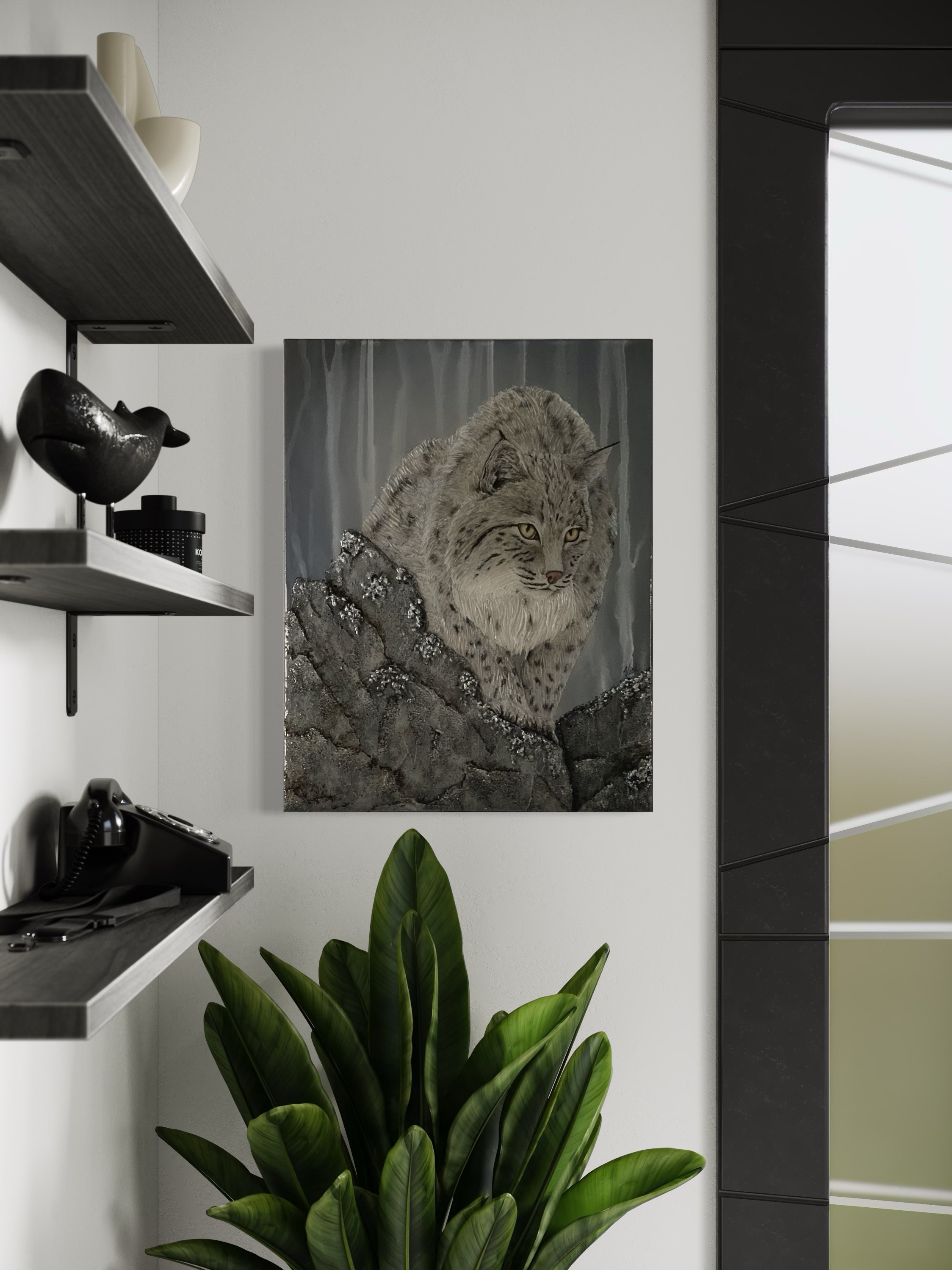 À l’affût toile qui met en scène un lynx accroché sur un mur