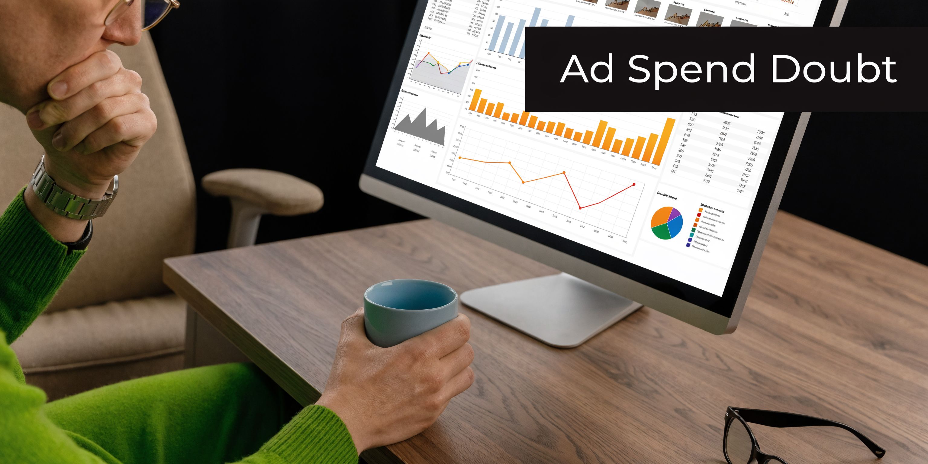 A person looks thoughtfully at computer screen data visualizations regarding marketing analytics and performance metrics