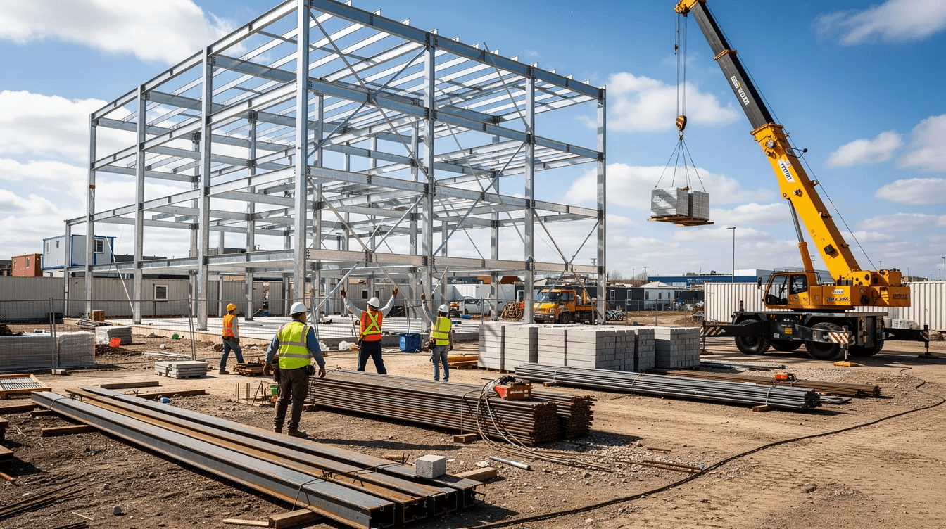 The image depicts a bustling large commercial construction site featuring steel framing and a mobile crane lifting materials, with workers in hard hats actively engaged in the project. This scene highlights the collaboration of an experienced construction team, emphasizing safety and quality workmanship in the construction industry.