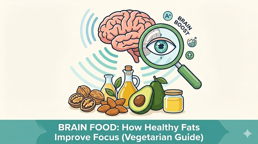 An infographic illustrating how vegetarian healthy fats improve focus, featuring an illustration of a human brain with light-blue signal waves and a magnifying glass focused on an eye with focus lines. Below, there are whole walnuts, an almond cluster, bottles of oil, avocado halves, and a small honey jar, indicating sources of fats. Small icons indicate 'A+', 'BRAIN BOOST', and a rising graph. The centered text reads 'BRAIN FOOD: How Healthy Fats Improve Focus (Vegetarian Guide)' on a teal background.