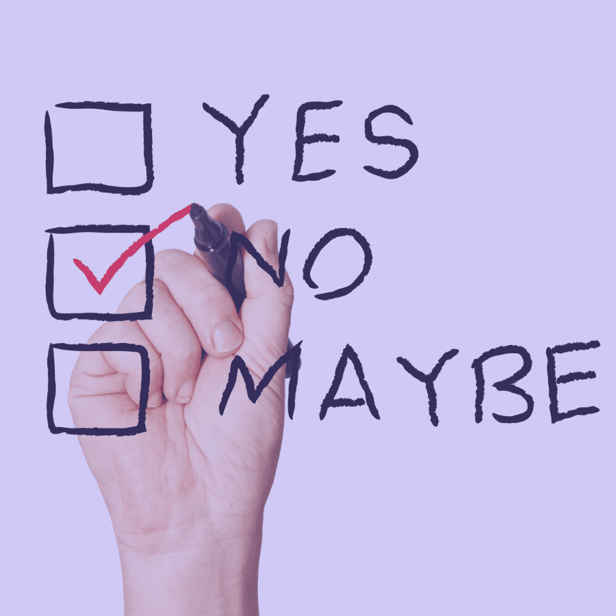 Hand marking the “No” option on a checklist with choices Yes, No, and Maybe — symbolising decision-making, trial feasibility assessments, and rejecting overly complex clinical studies.