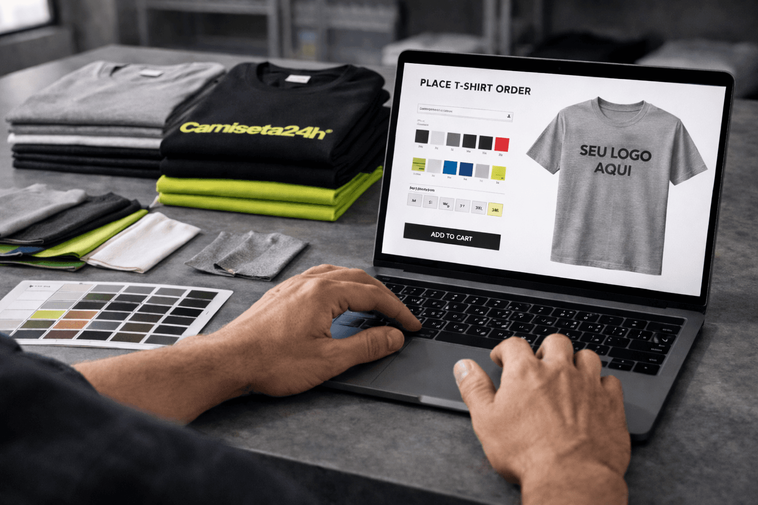Pessoa solicitando orçamento de camisetas personalizadas em notebook com amostras de tecido