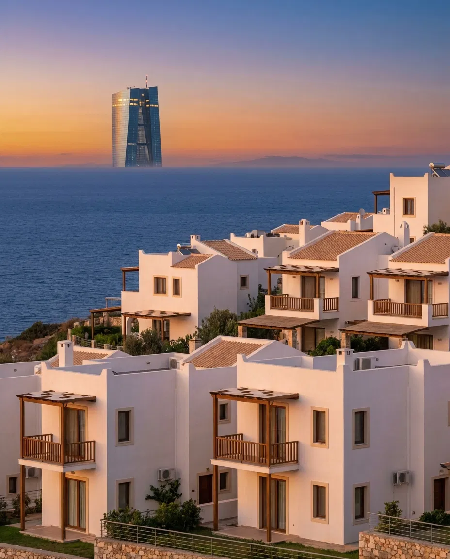 Residential buildings in Greece with a subtle reference to the European Central Bank in the background.