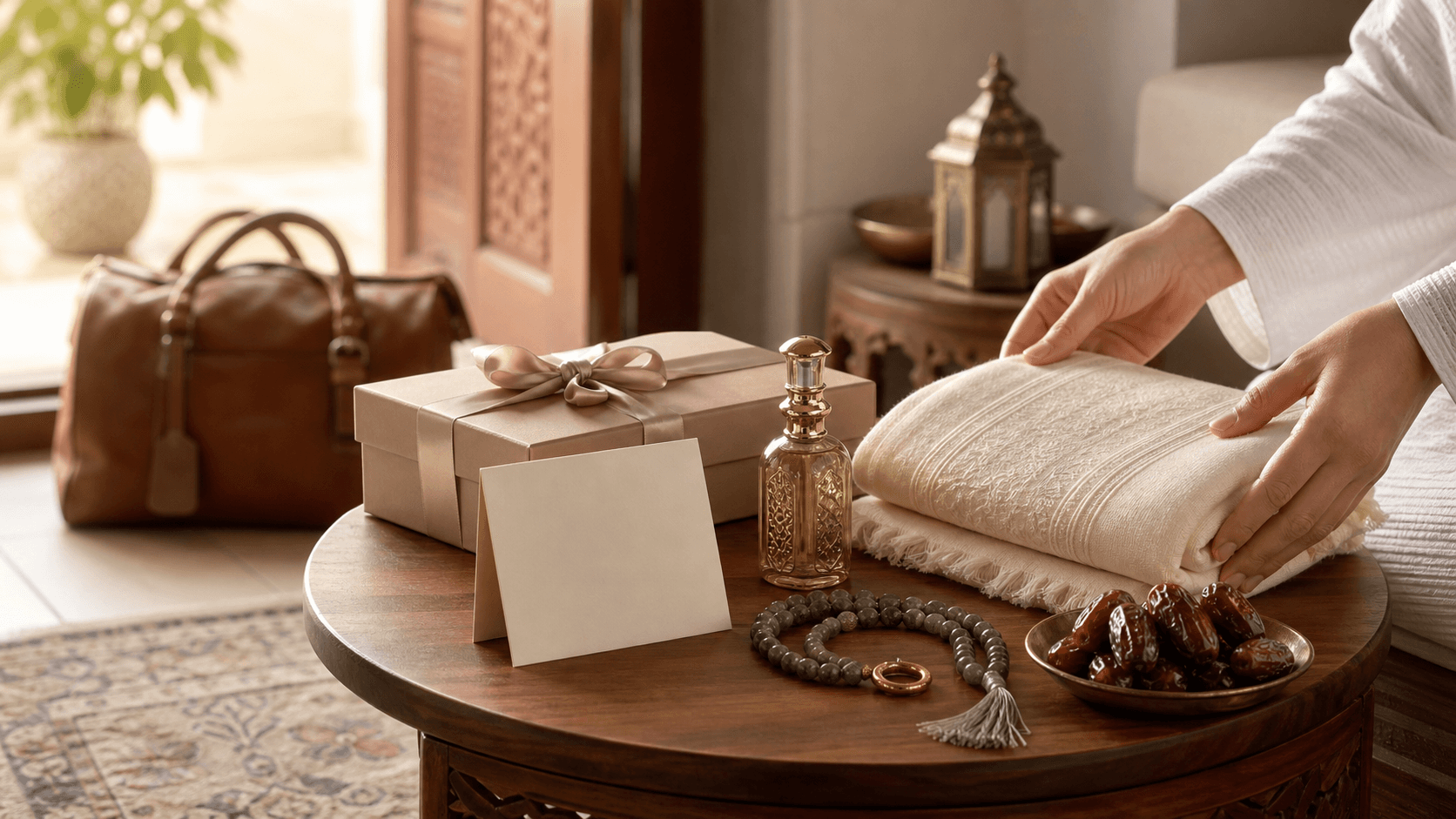 A quiet welcome-home gift for a Hajj returnee: a prayer shawl, attar, a dhikr keepsake and a travel bag