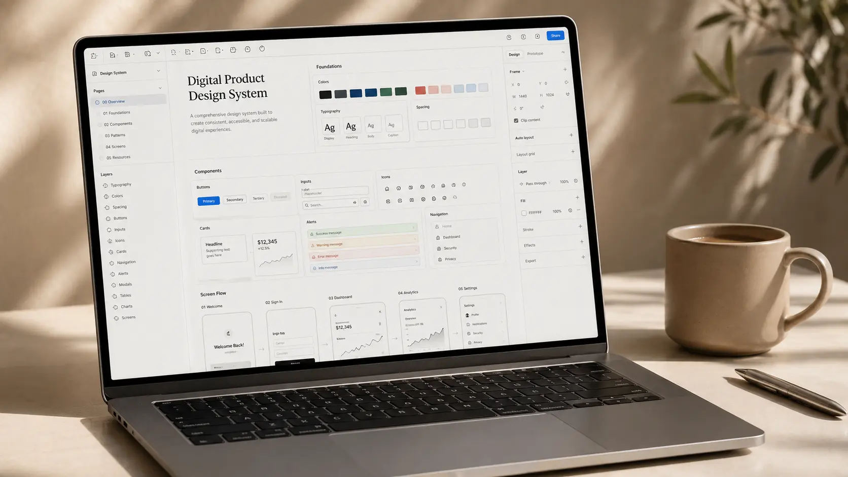 A close-up laptop mockup showing a comprehensive digital product design system and UI components on a minimalist workspace.