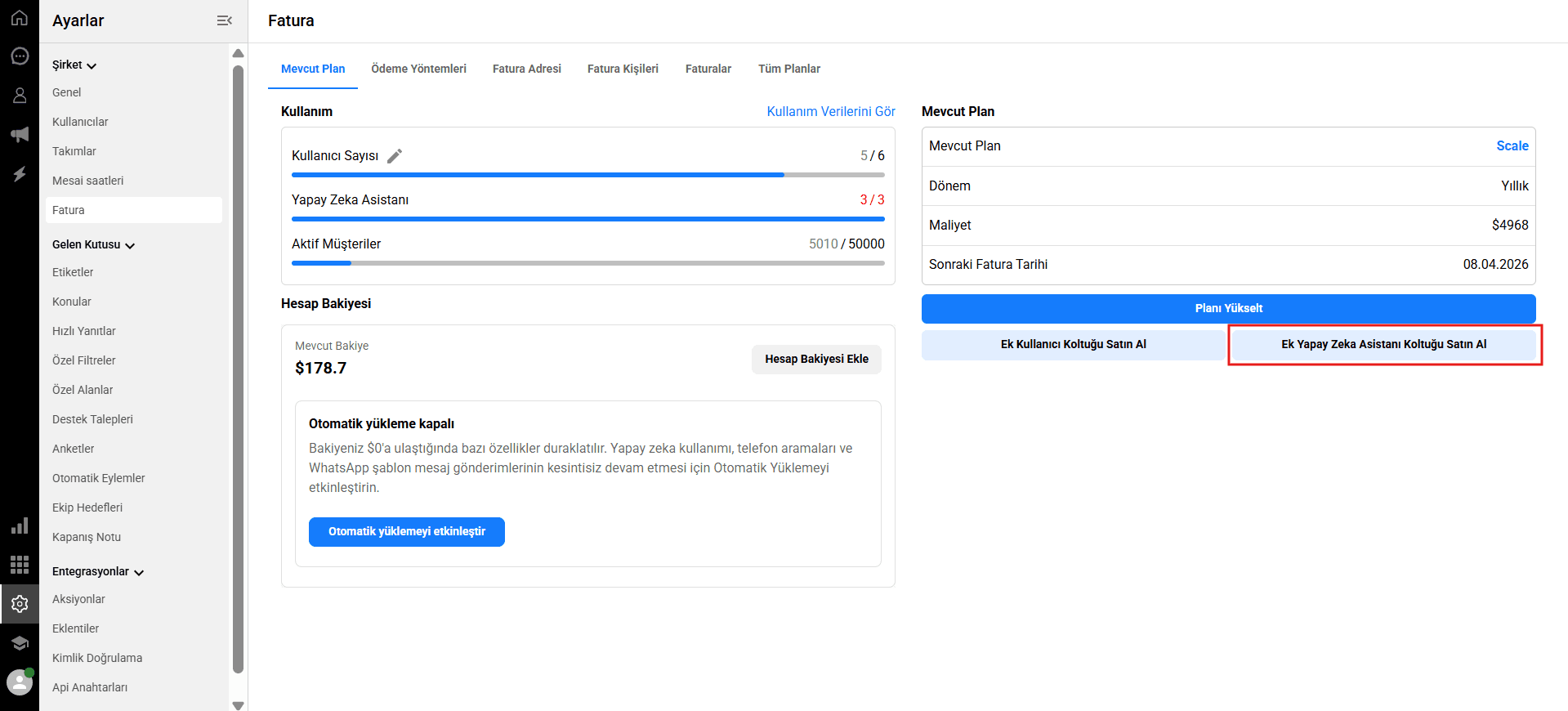 Buy additional AI assistant seat button in Qpien billing settings