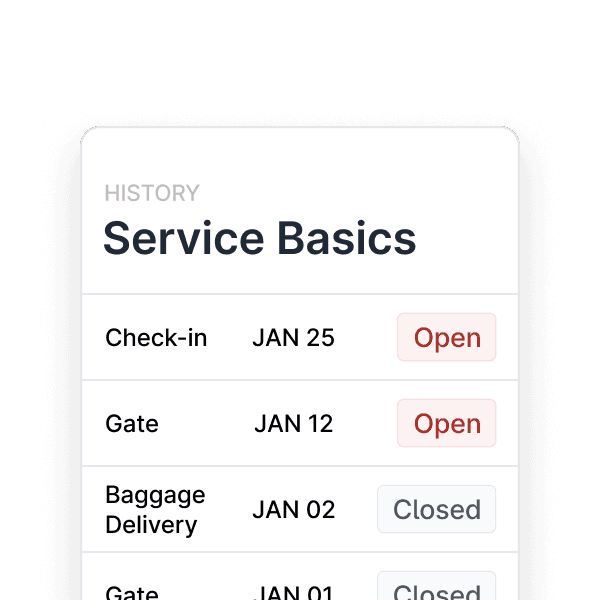 A smartphone screen displays a web-app titled "Service Basics" with a history log of airline-related activities such as check-in, gate, and baggage delivery, with statuses marked as "Open" or "Closed," reflecting aviation service tracking and analytics.