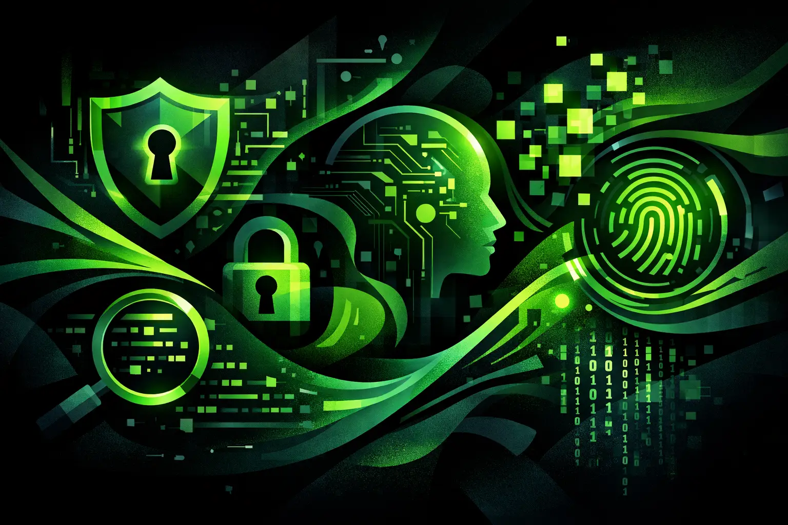Green digital illustration of a human head profile with a circuit-pattern brain, surrounded by a padlock, security shield, magnifying glass over code, and fingerprint icon, representing an AI code security audit