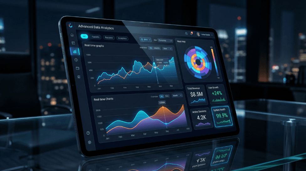 Tablet displaying advanced data analytics dashboard.