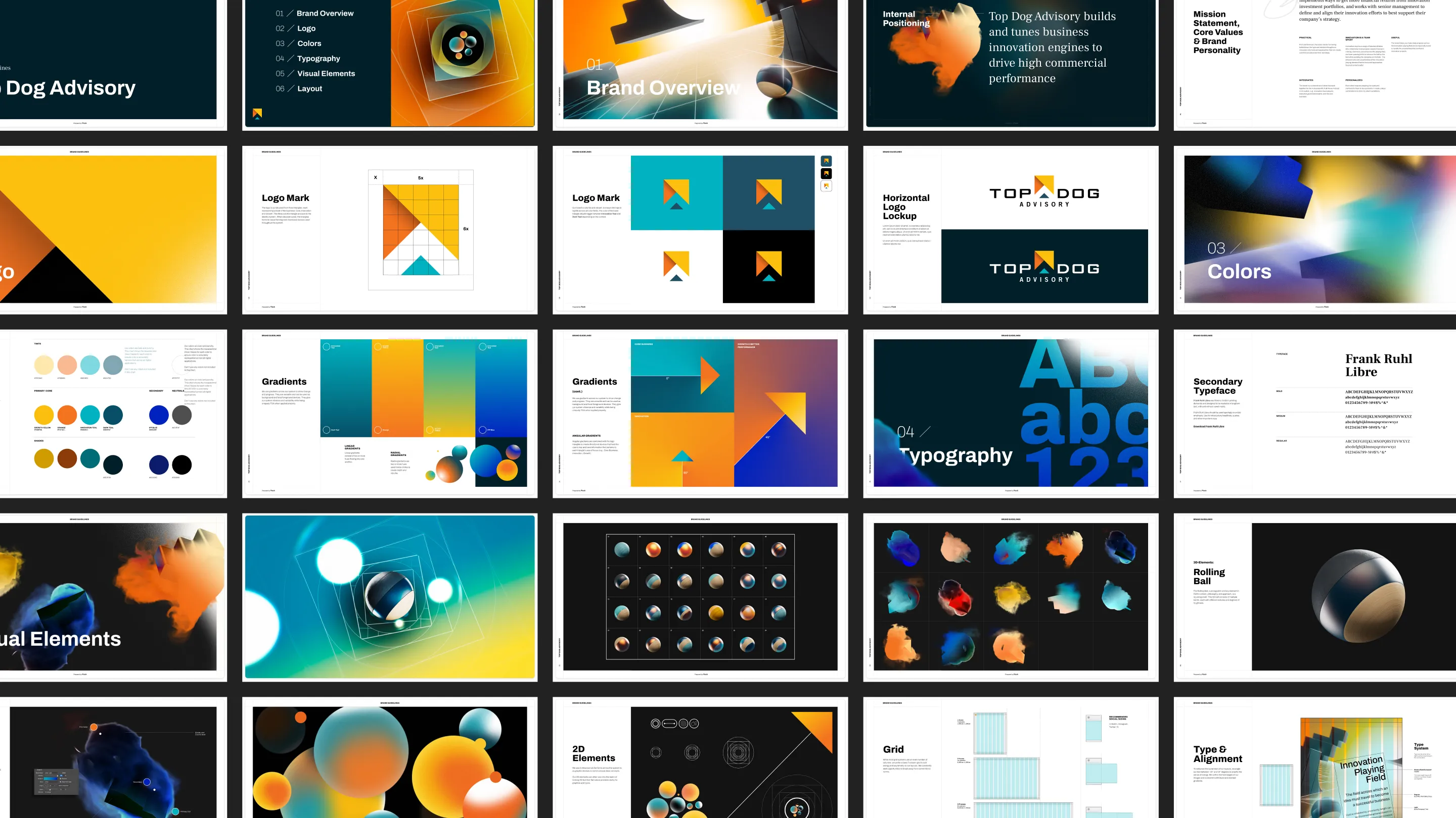 A grid of colorful digital slides featuring various designs, text, and graphics.