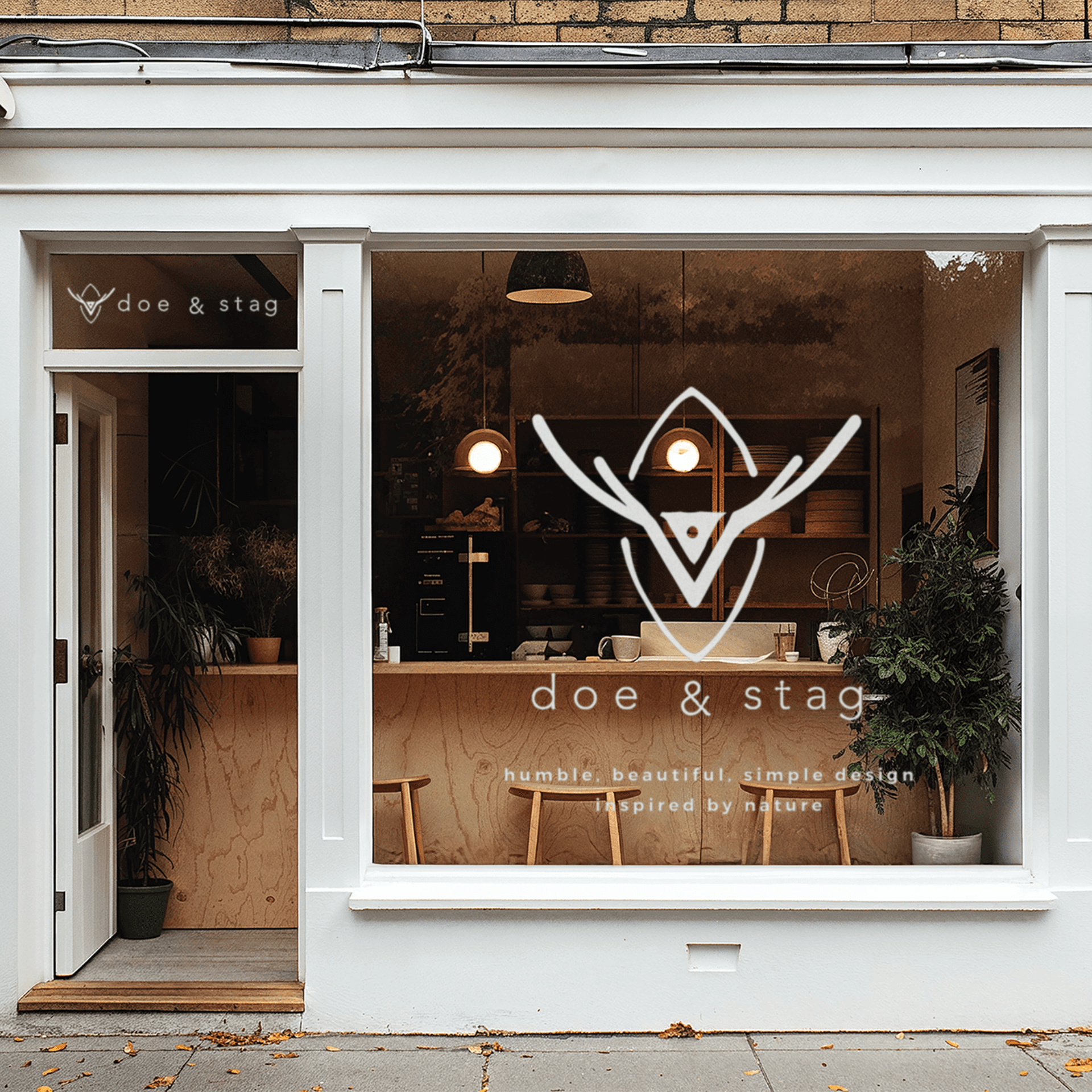 Ground & Stag logo signage on glass with a stylized figure.