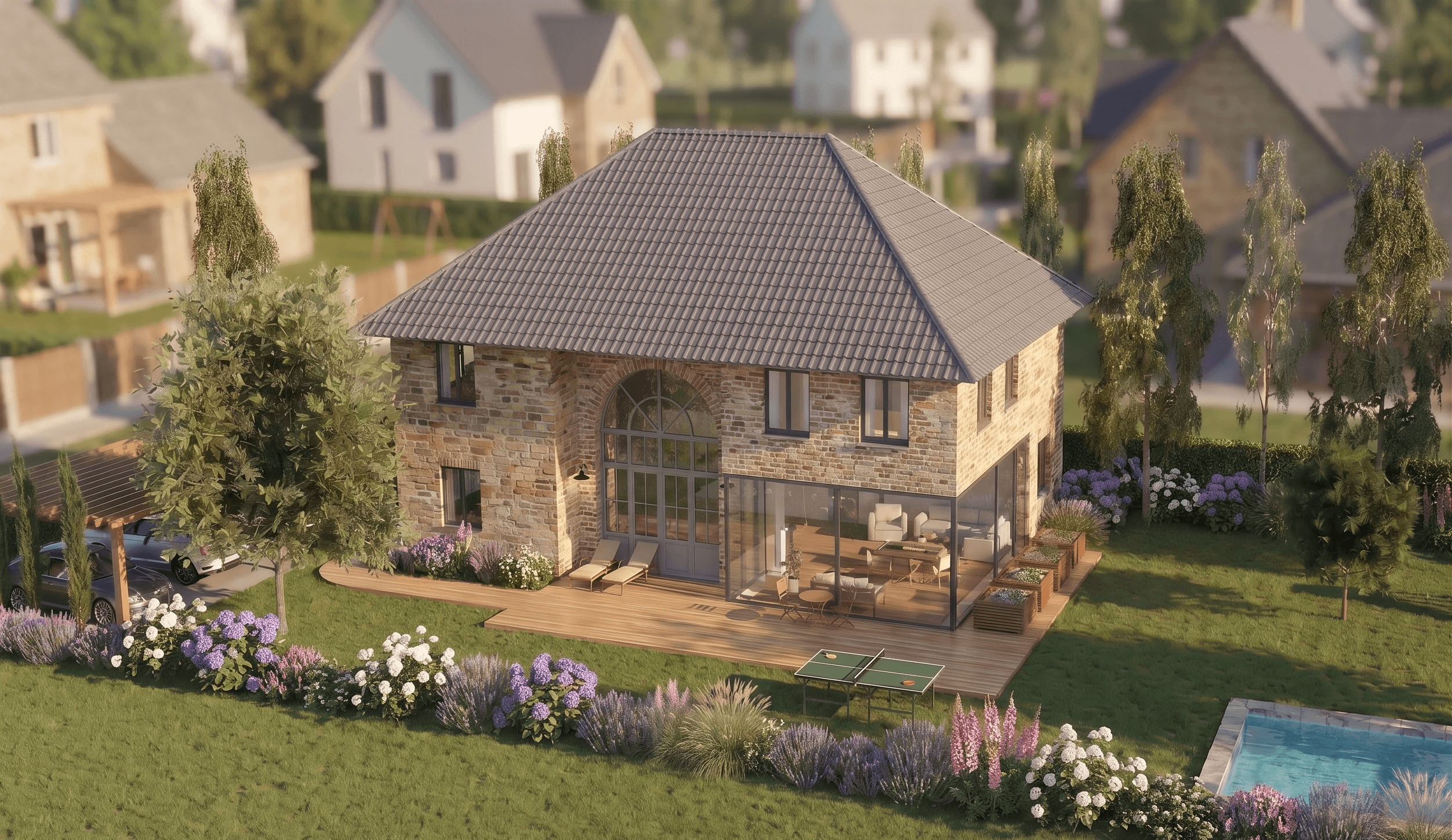 Zweigeschossiges Wohngebäude mit Klinkerfassade, großen Fenstern und Balkonen vor blauem Himmel