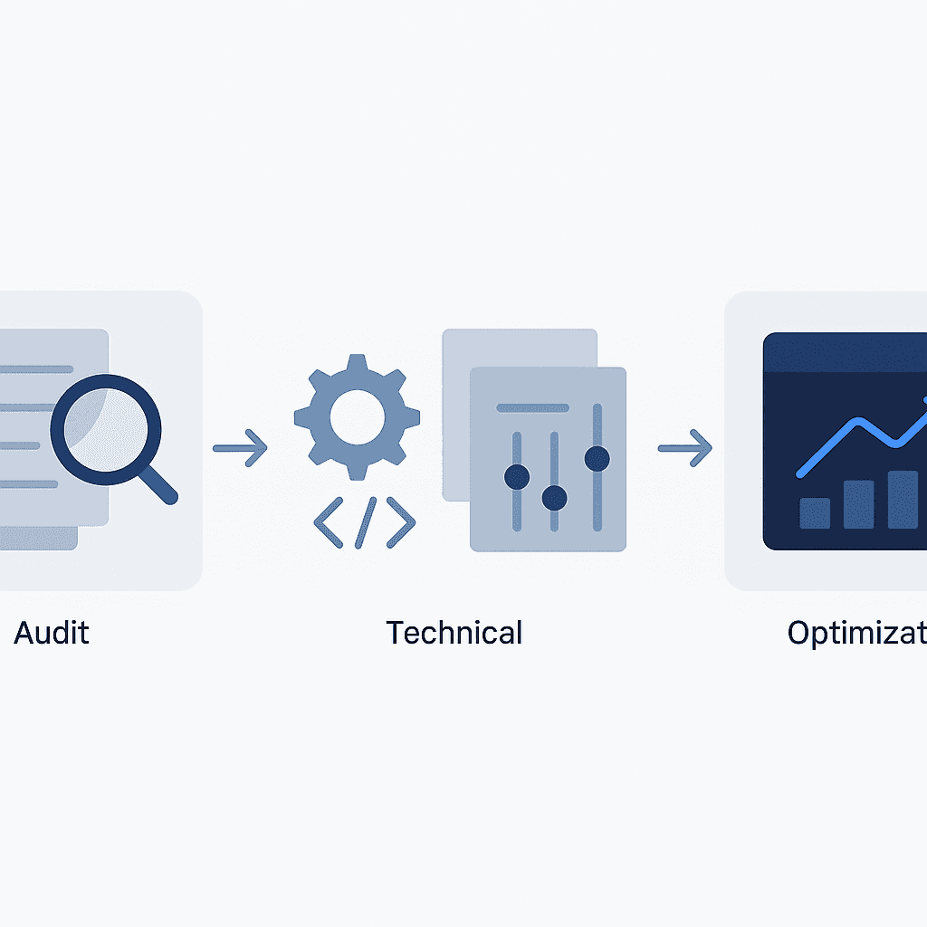 Four-step workflow depicting audit, technical setup, content optimization, and measurement in GEO migration.