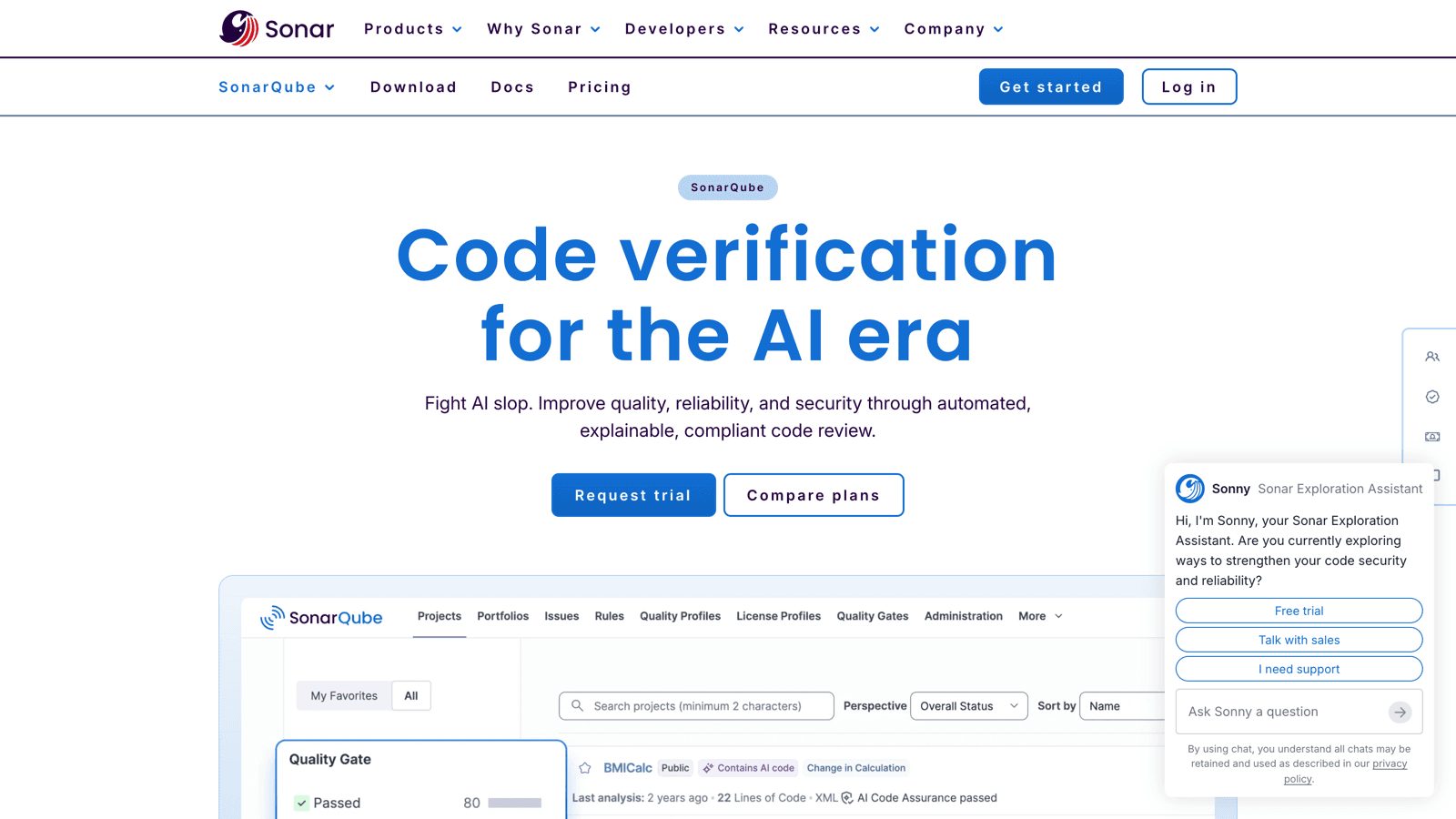 SonarQube by Sonar homepage with the headline Code verification for the AI era