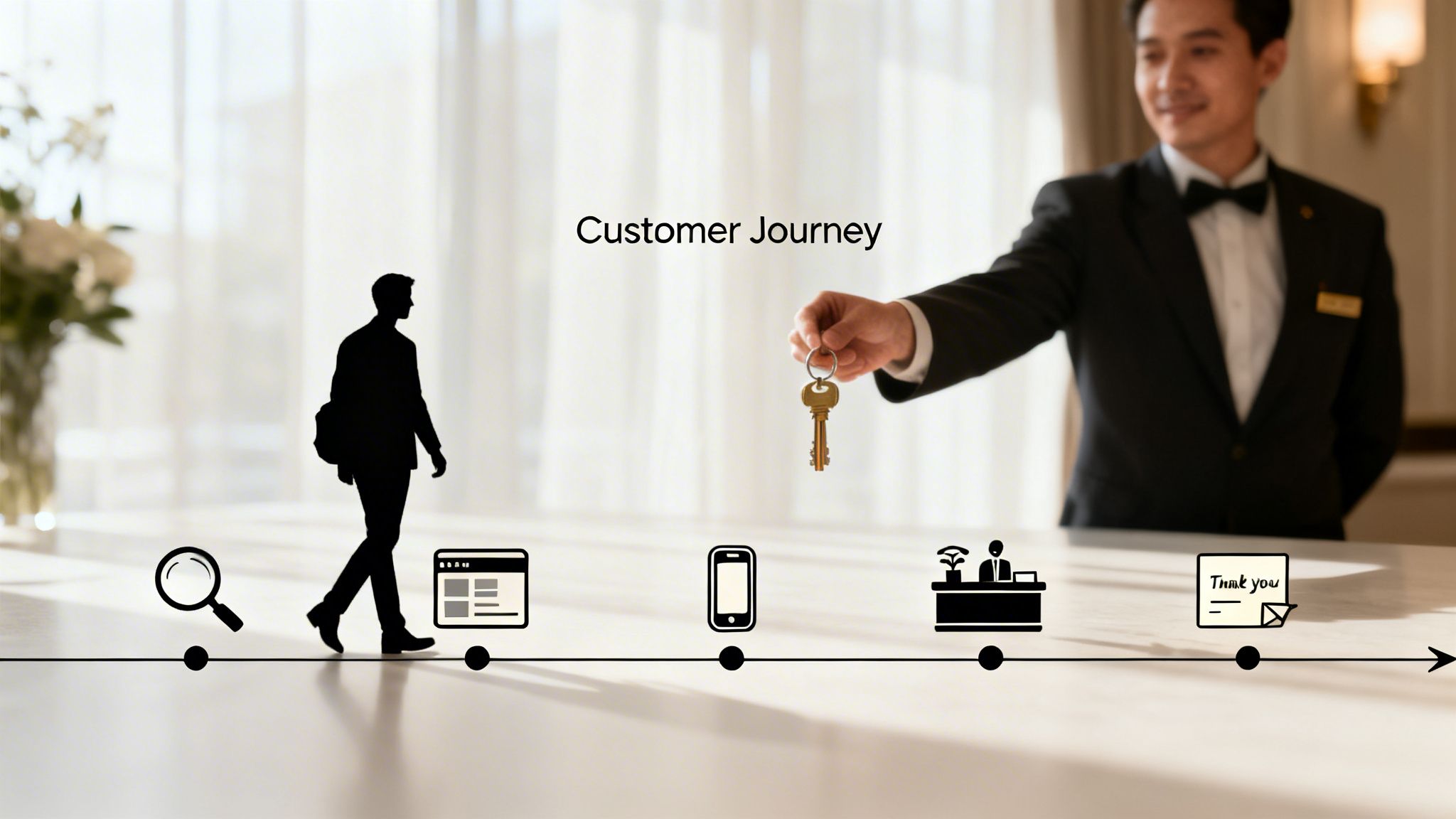 A customer journey timeline illustrating hotel guest experience from search to receiving keys from staff.