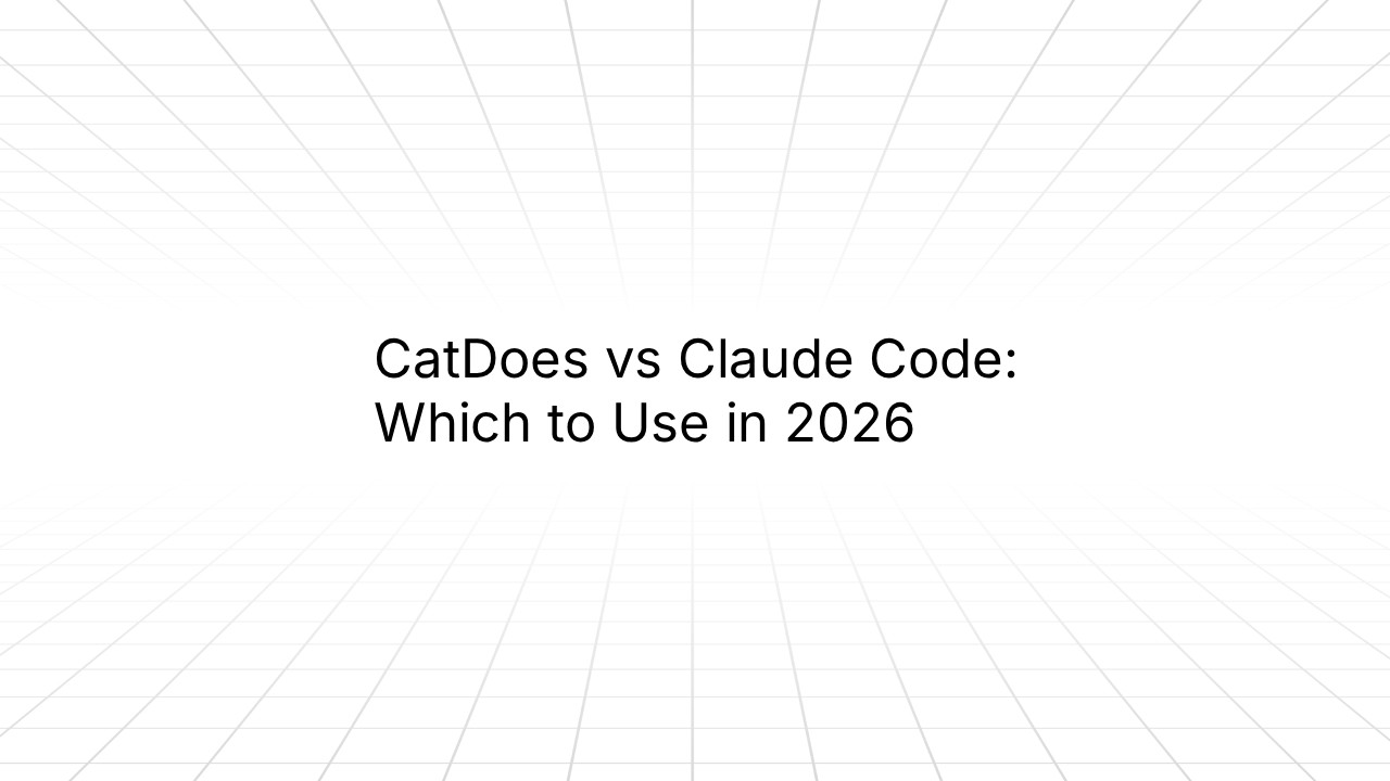 Title slide reading 'CatDoes vs Claude Code: Which to Use in 2026' on a white background with diagonal line pattern