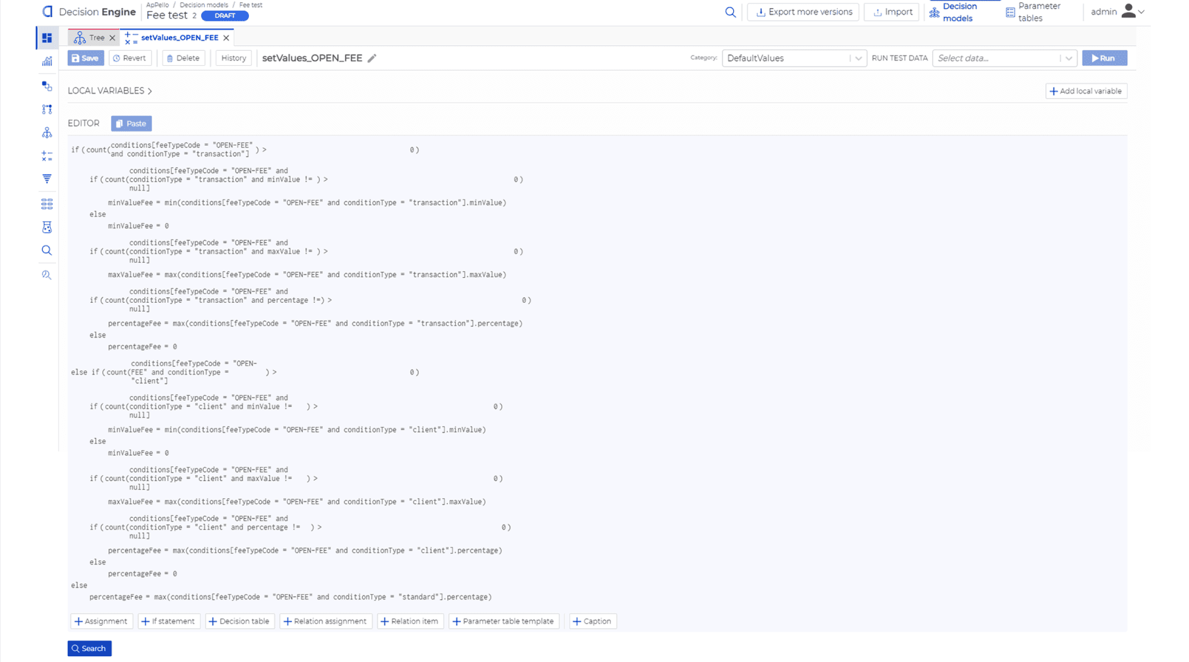 Screenshot of a digital interface showing code for a decision engine flow, featuring multiple nested variables and conditions, displayed in a structured format with expandable sections on a white and blue user interface.