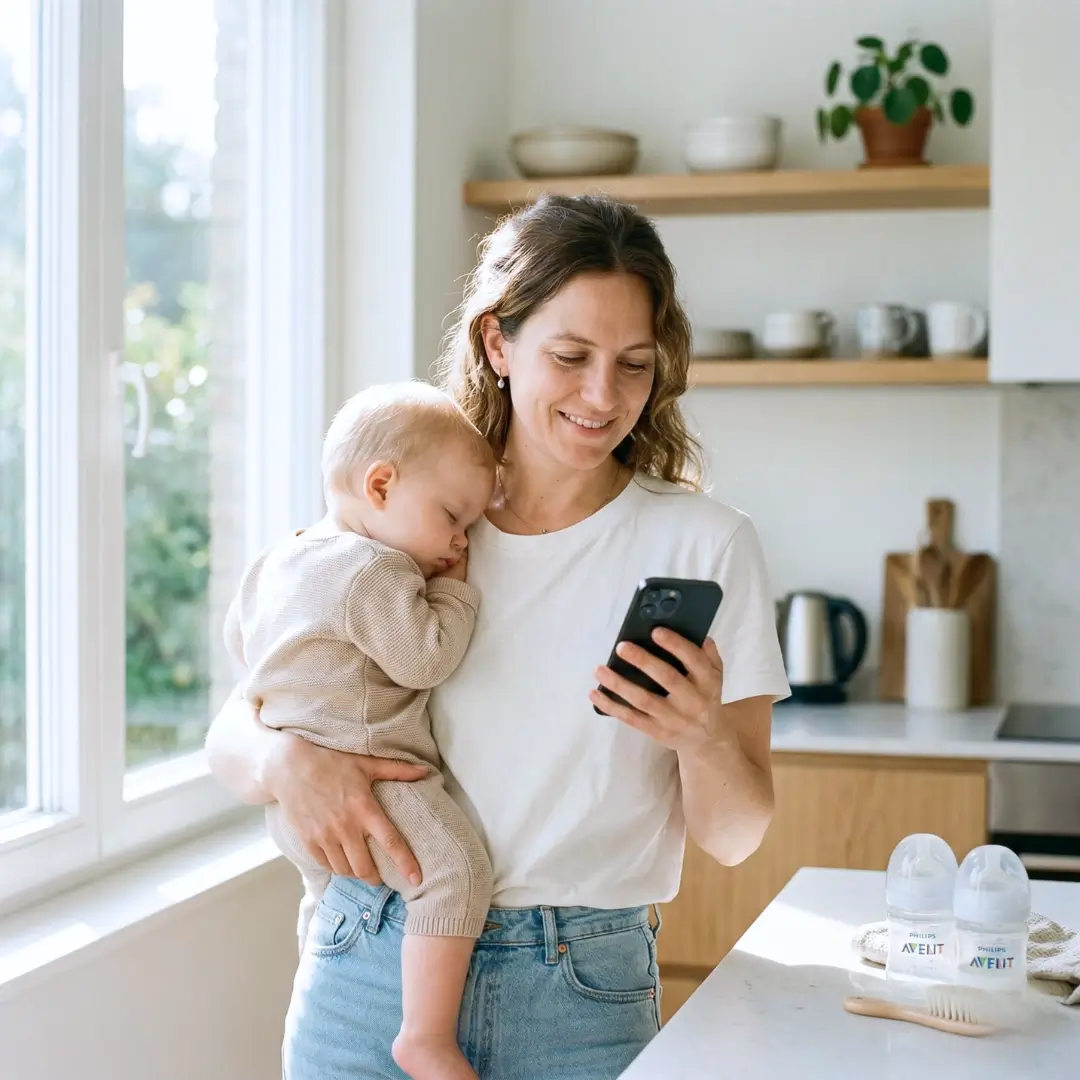 A woman smiling at her smartphone while holding a sleeping baby in a kitchen, illustrating an app feature where active tracking helps users stay informed and buy with confidence when a specific deadline or date is driving their purchase.