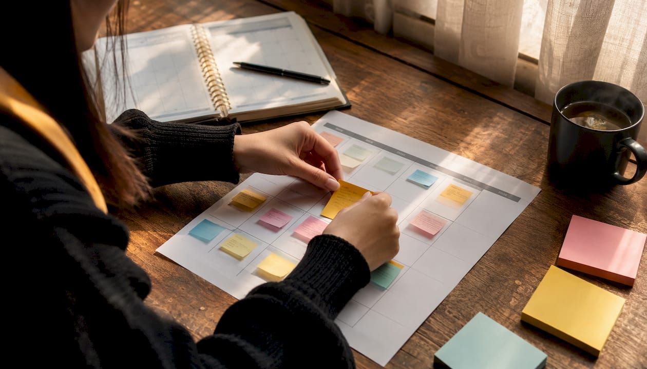 Overhead hands arranging weekly social media plan