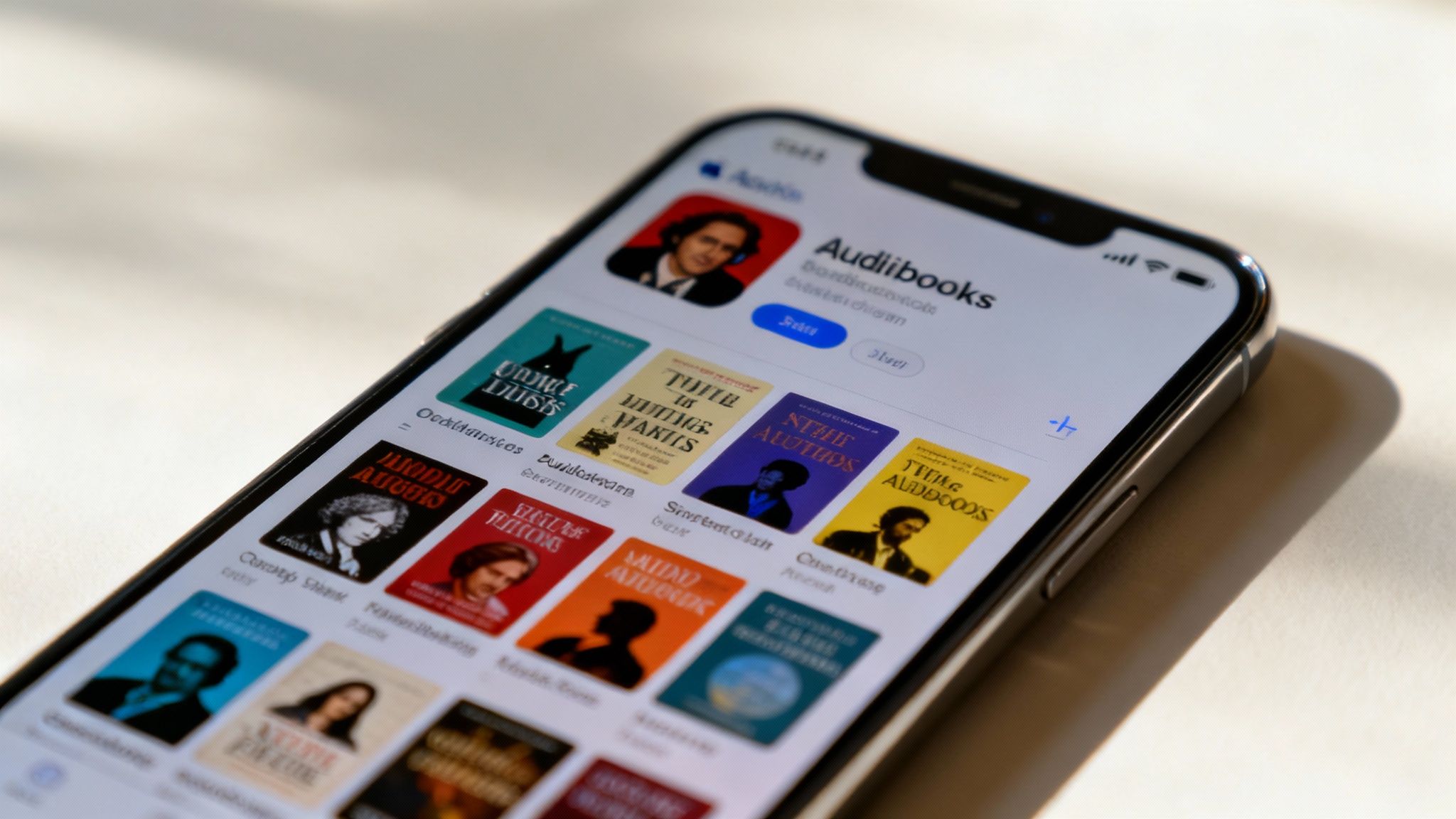 Speak4Me – An iPhone screen showing the Apple Books app with various audiobook covers displayed in a library view.