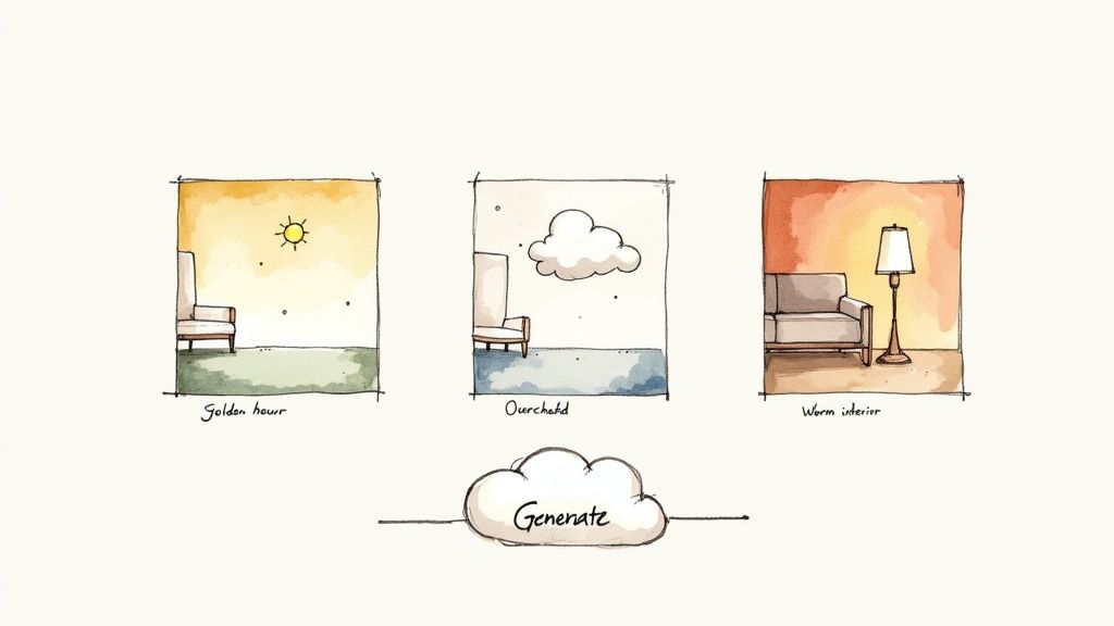 Three watercolor sketches showing interior scenes with 'Golden hour', 'Overhead', and 'Warm interior' labels, with a 'Generate' button below.