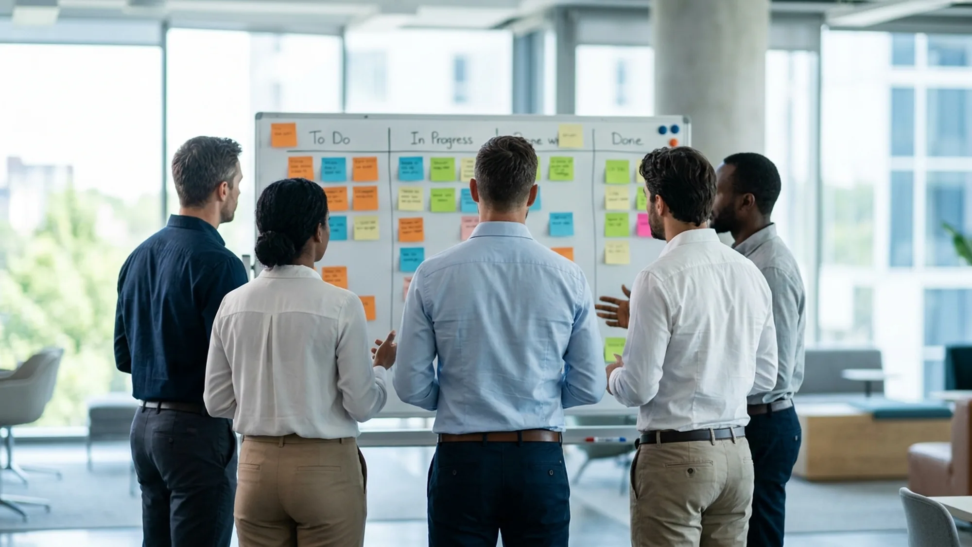 Équipe agile en daily stand-up devant un tableau kanban dans une agence digitale en Tunisie