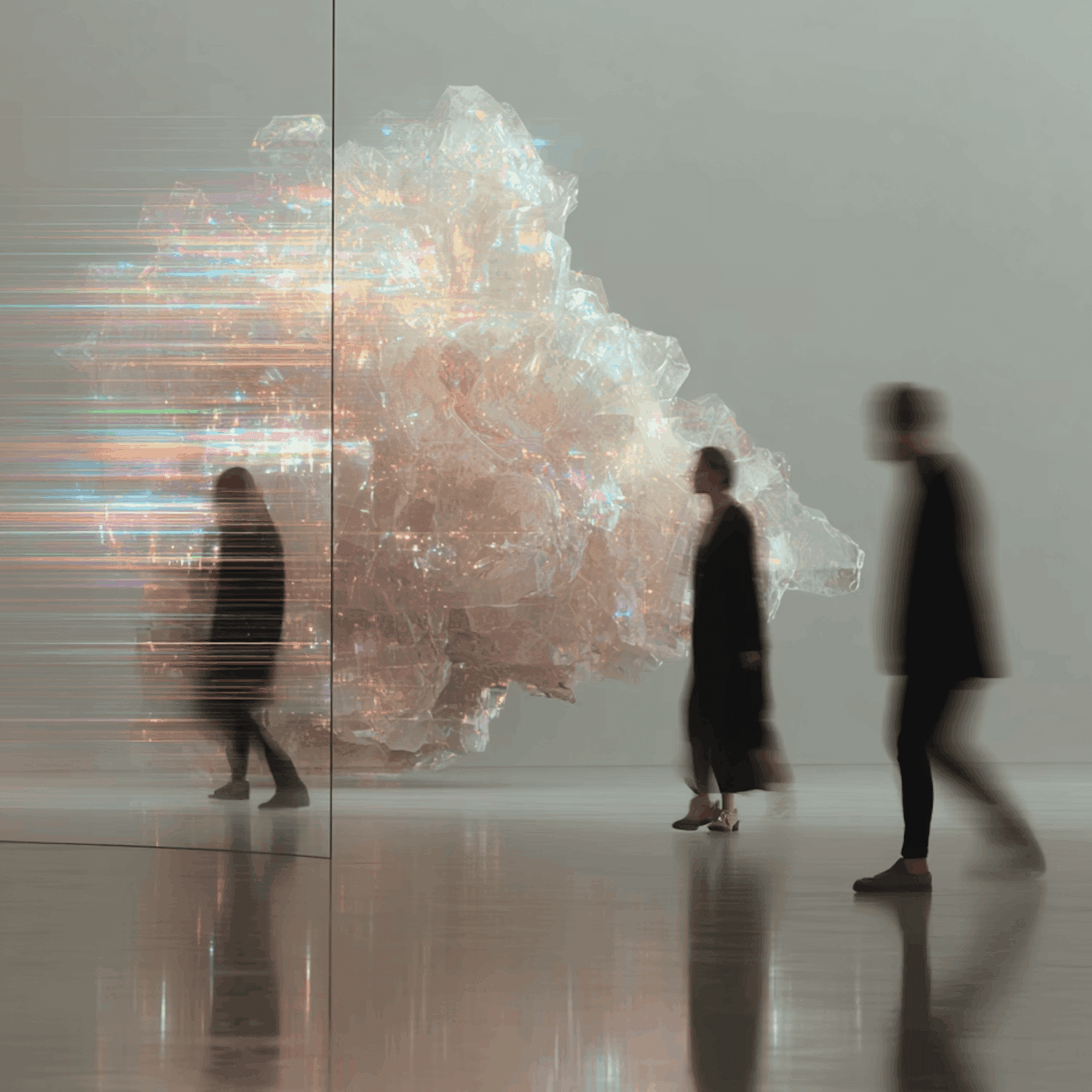 People observing glowing tree like light installation in gallery